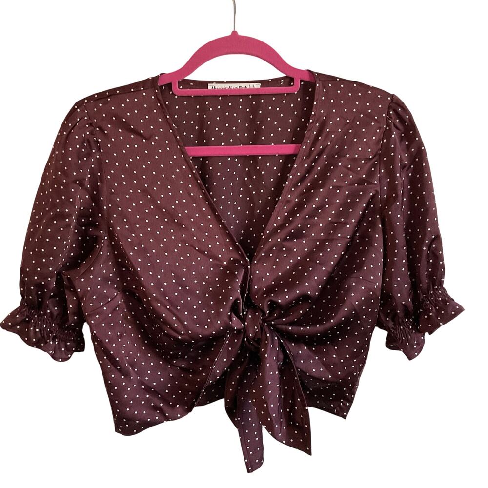 Abercrombie & Fitch Large Polka Dot Tie Front Brown and White Crop‎ Top Blouse